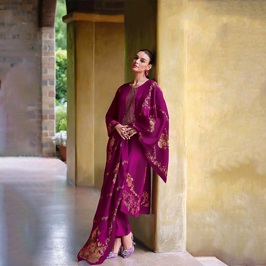 Violet Viscose Muslin Designer Salwar Kameez