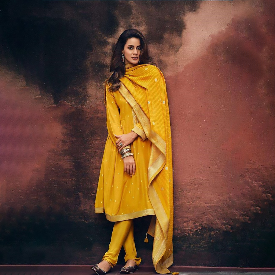 Yellow Muslin Designer Suit