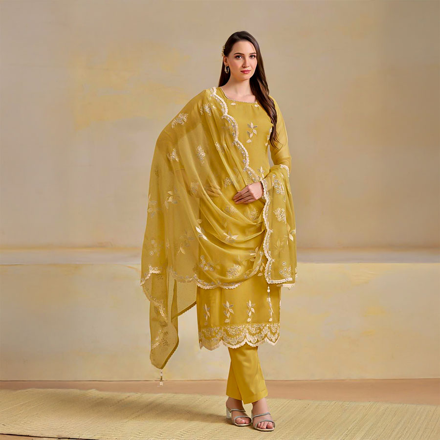 Yellow Organza Chiffon Party Wear Salwar Kameez