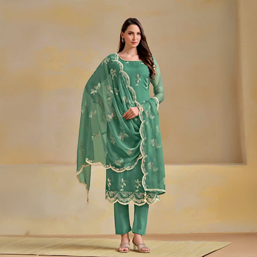 Green  Organza Chiffon Party Wear Salwar Kameez