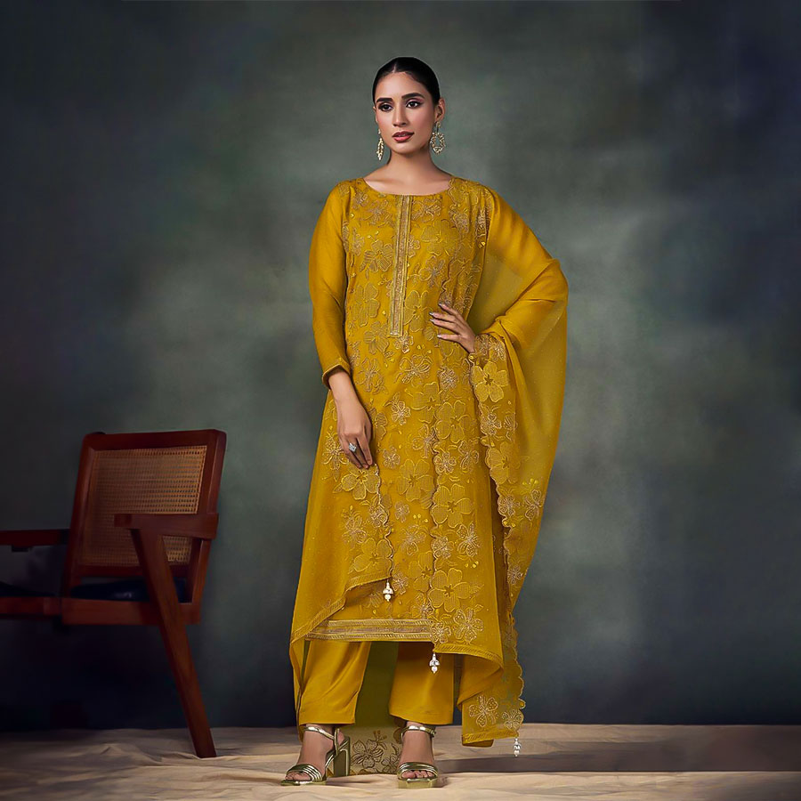 Yellow Twinkle Chiffon Designer Salwar Kameez