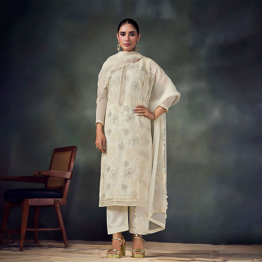 White Twinkle Chiffon Designer Salwar Kameez