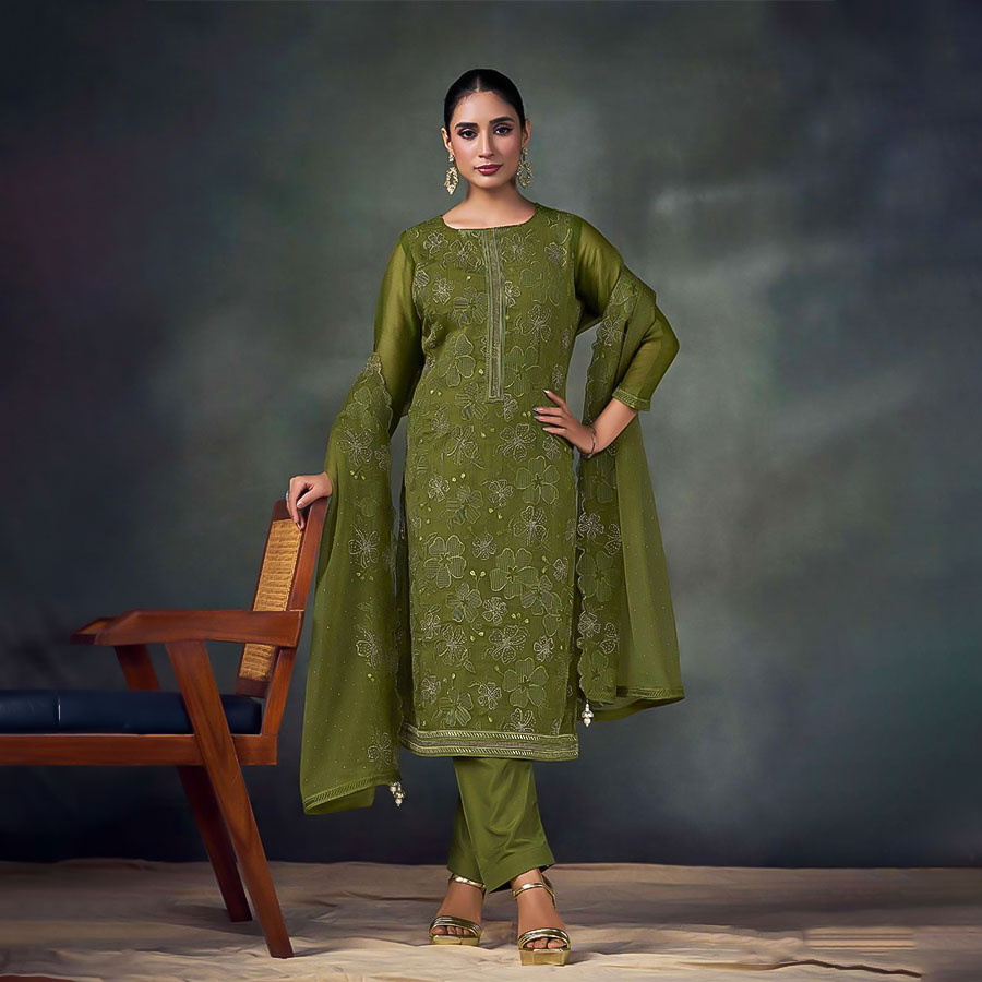 Olive Green Twinkle Chiffon Designer Salwar Kameez