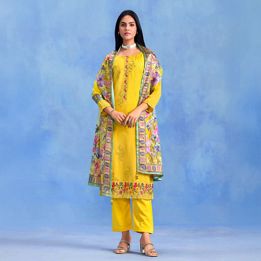 Yellow Catonic Geo Party Wear Salwar Kameez