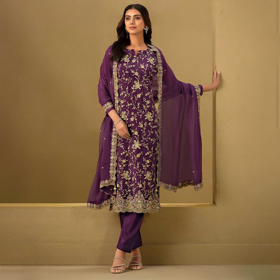 Purple  Organza Party Wear Salwar Kameez