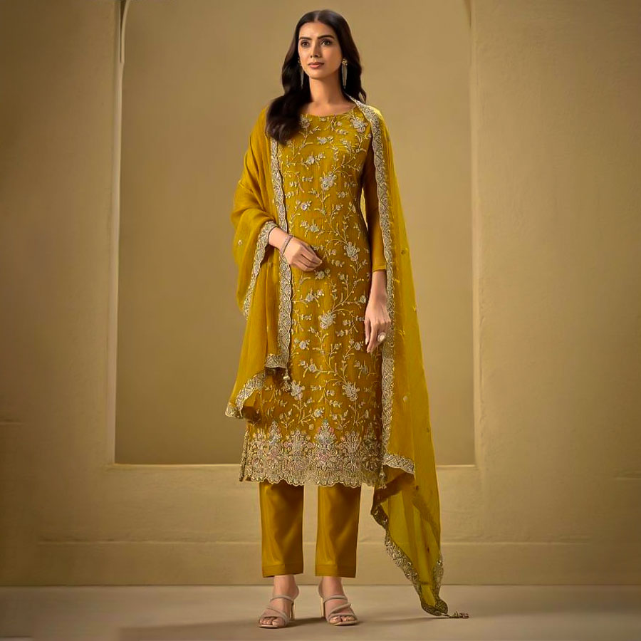 Yellow Organza Party Wear Salwar Kameez