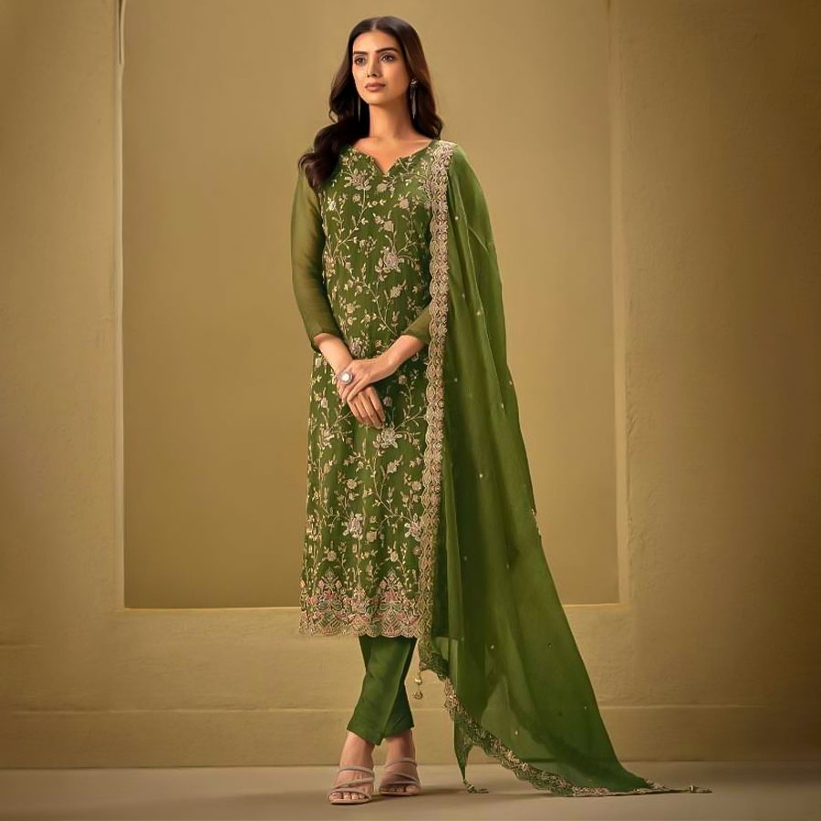 Green Organza Party Wear Salwar Kameez