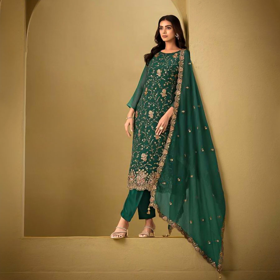 Green Organza Party Wear Salwar Kameez