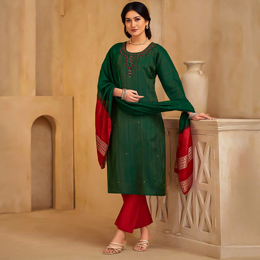 Green Vertican Silk Casual Wear Salwar Kameez