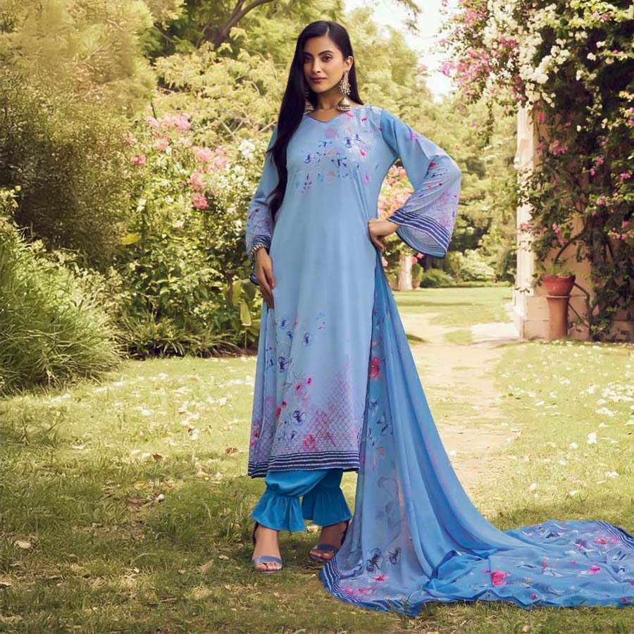 Blue French Crape Casual Wear Salwar Kameez