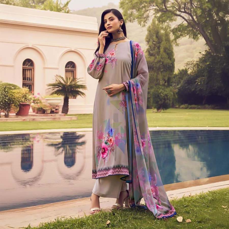 Grey  French Crape Casual Wear Salwar Kameez