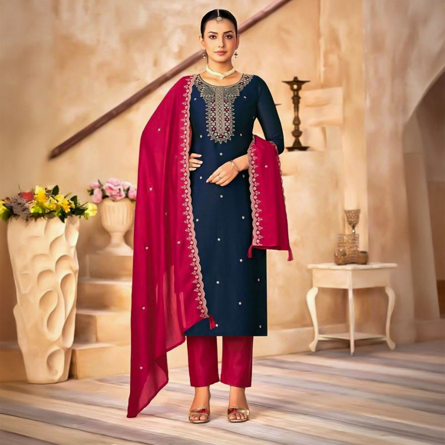 Blue  Vichitra Silk Casual Wear Salwar Kameez