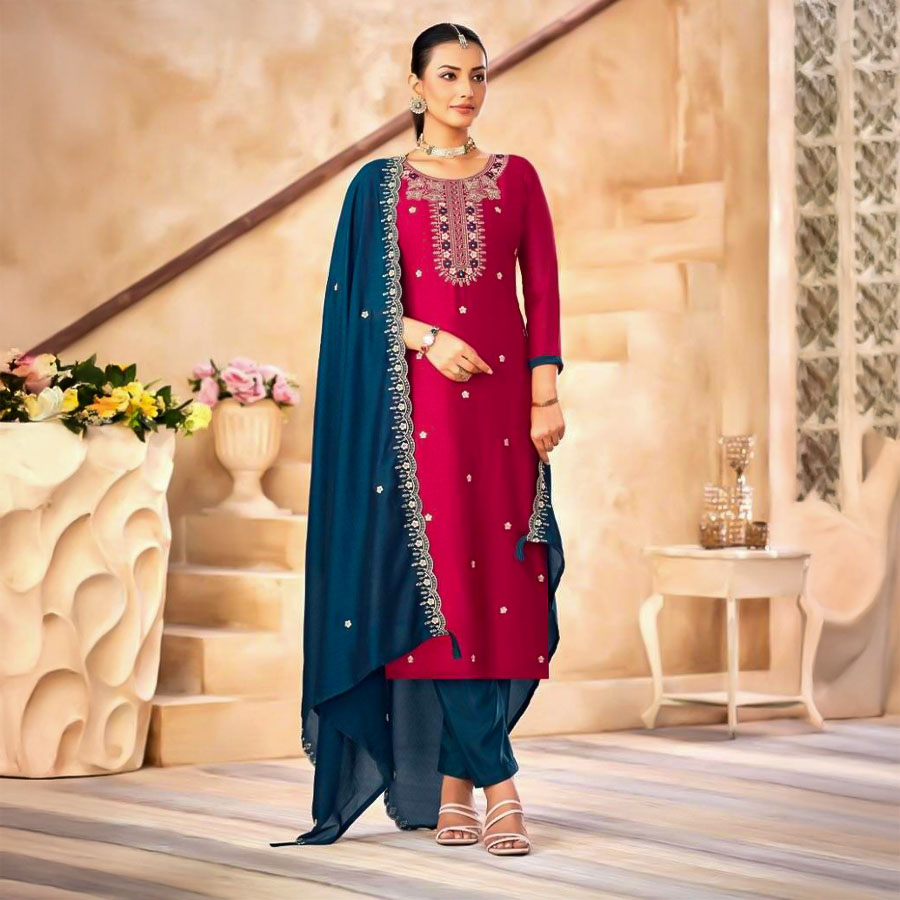 Red Vichitra Silk Casual Wear Salwar Kameez