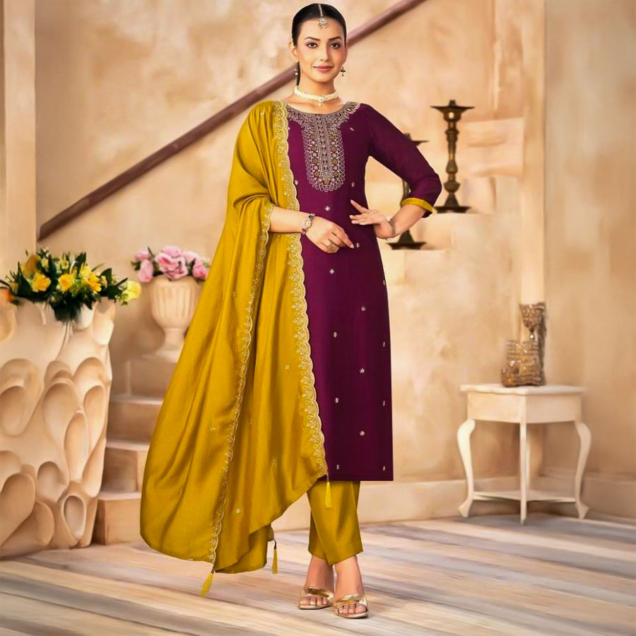 Brown  Vichitra Silk Casual Wear Salwar Kameez