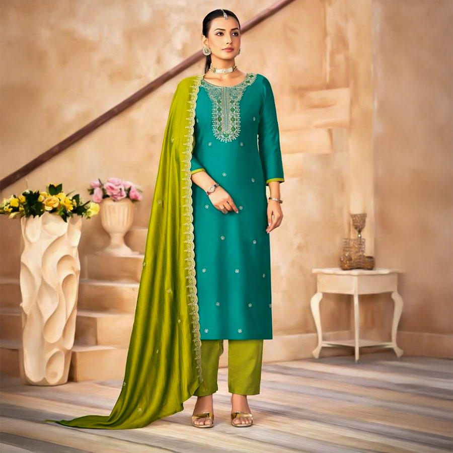 Cyan  Vichitra Silk Casual Wear Salwar Kameez