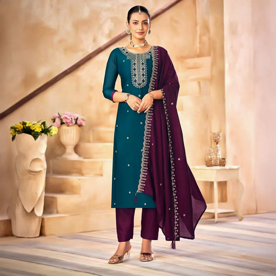 Blue  Vichitra Silk Casual Wear Salwar Kameez