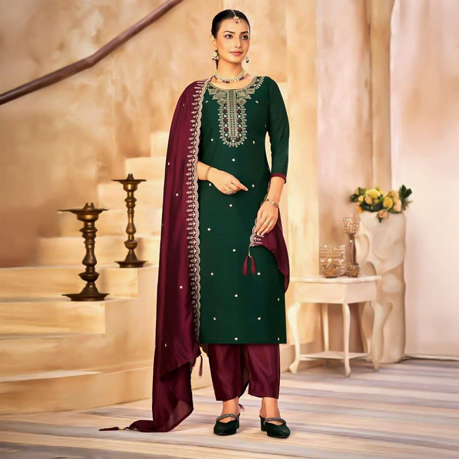 Green  Vichitra Silk Casual Wear Salwar Kameez