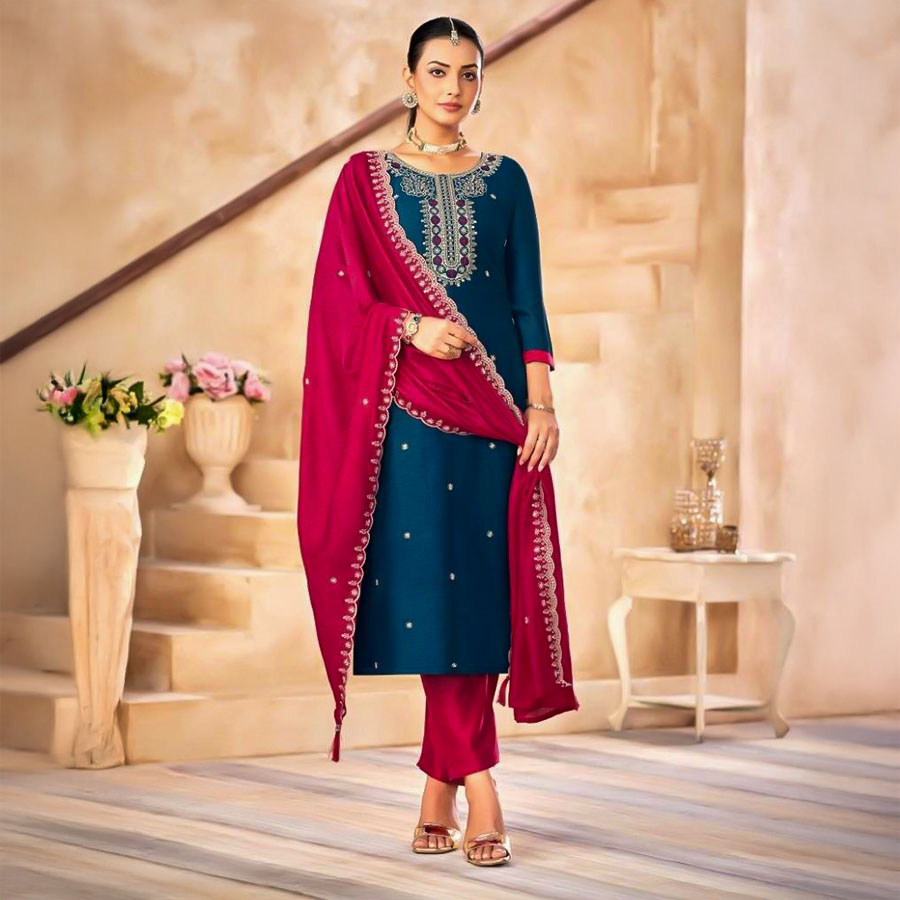 Blue  Vichitra Silk Casual Wear Salwar Kameez