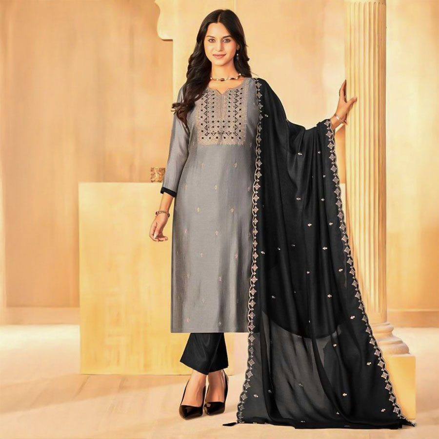 Grey  Vichitra Silk  Casual Wear Salwar Kameez
