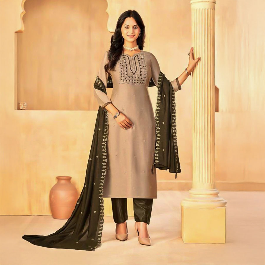 Brown  Vichitra Silk  Casual Wear Salwar Kameez