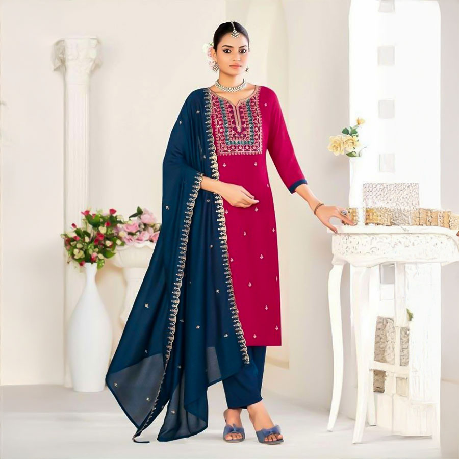 Red  Vichitra Silk Casual Wear Salwar Kameez