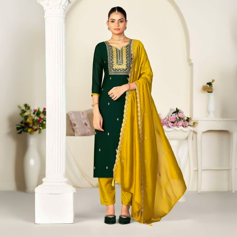 Green  Vichitra Silk Casual Wear Salwar Kameez
