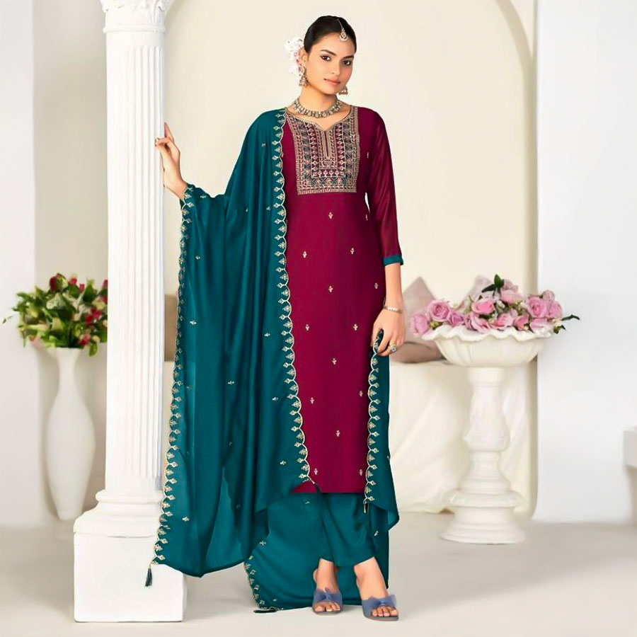 Red  Vichitra Silk Casual Wear Salwar Kameez