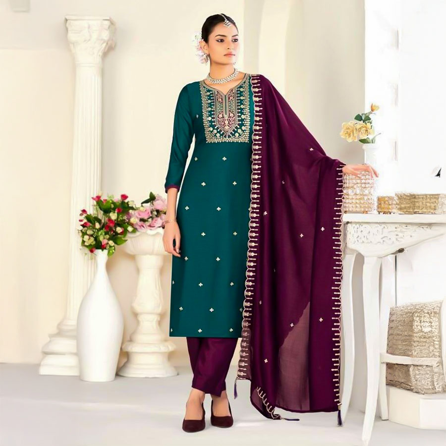 Green  Vichitra Silk Casual Wear Salwar Kameez