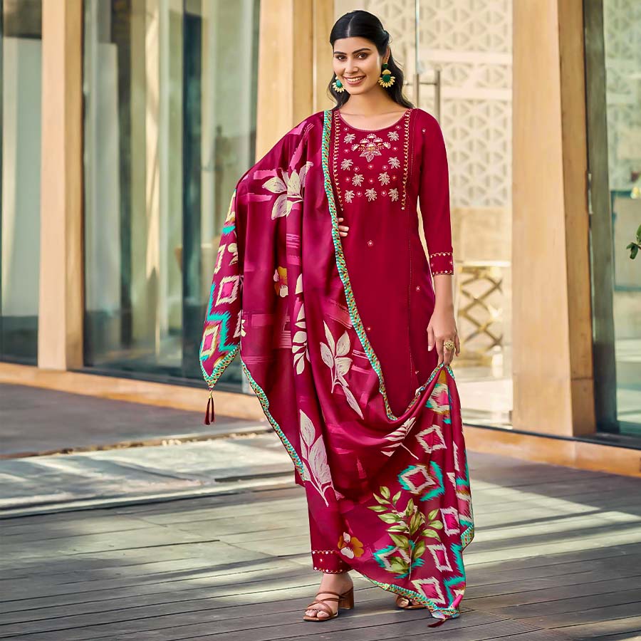 Red  Liva Rayon Casual Wear Salwar Kameez