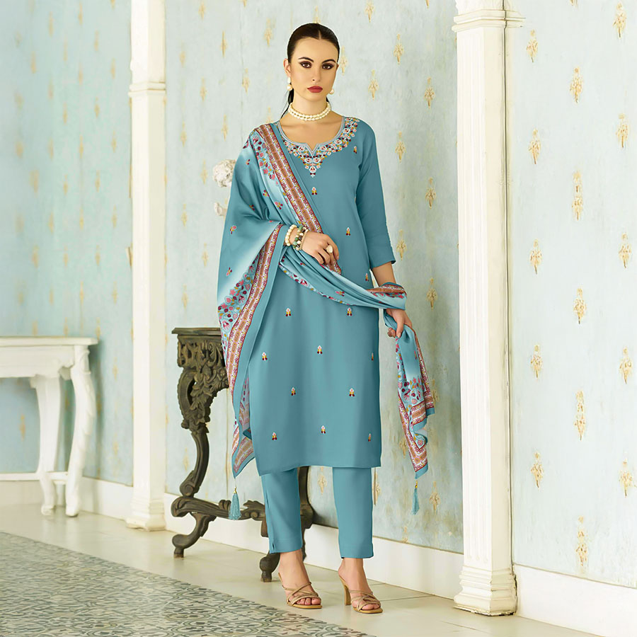 Blue Rayon Casual Wear Salwar Kameez