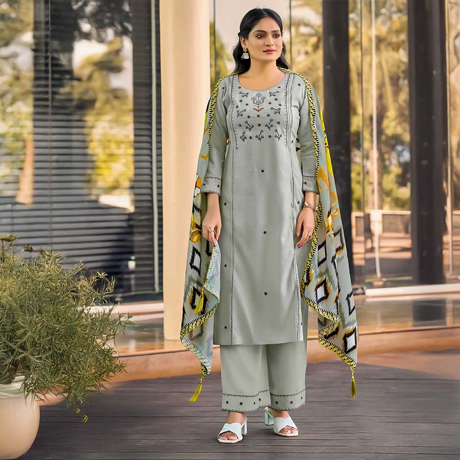 Grey  Liva Rayon Casual Wear Salwar Kameez
