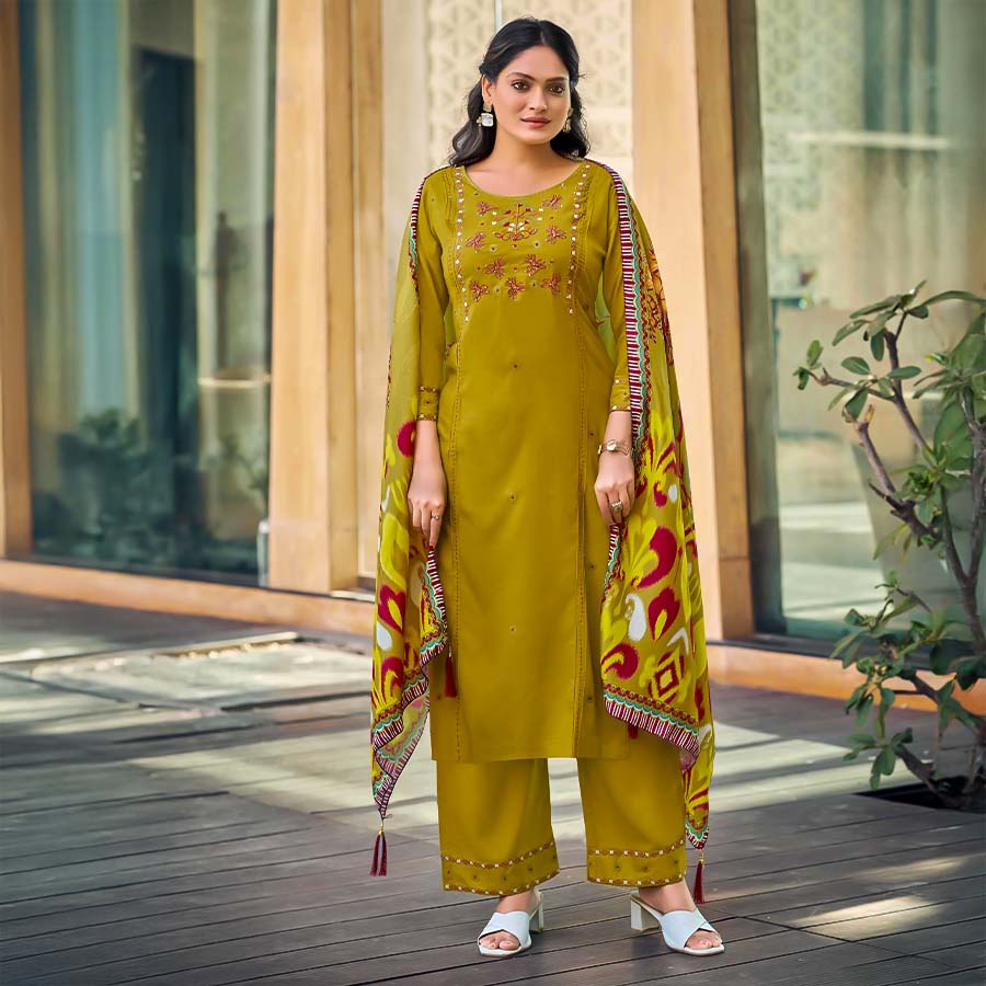 Yellow Liva Rayon Casual Wear Salwar Kameez