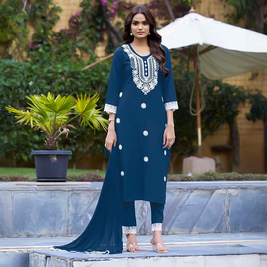 Blue Liva Rayon Casual Wear Salwar Kameez