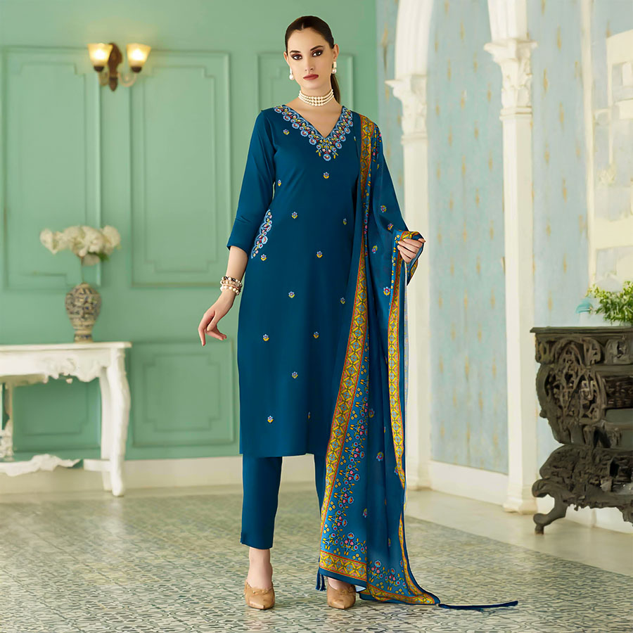 Blue Rayon Casual Wear Salwar Kameez