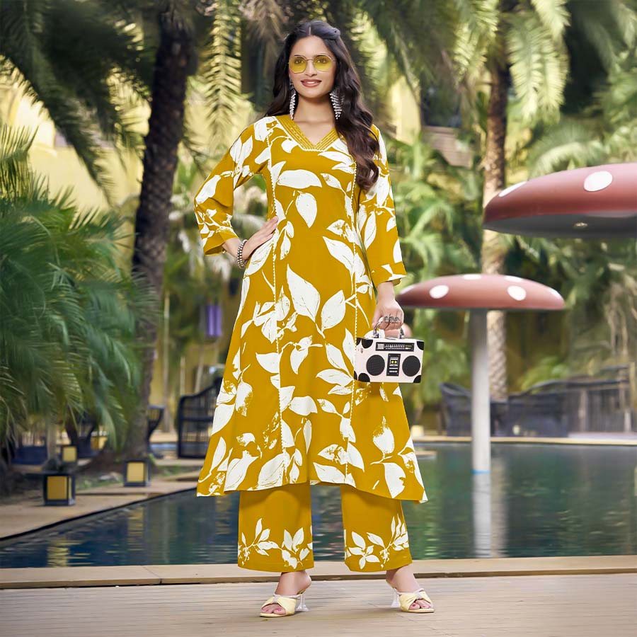 Yellow Liva Rayon Printed Kurti