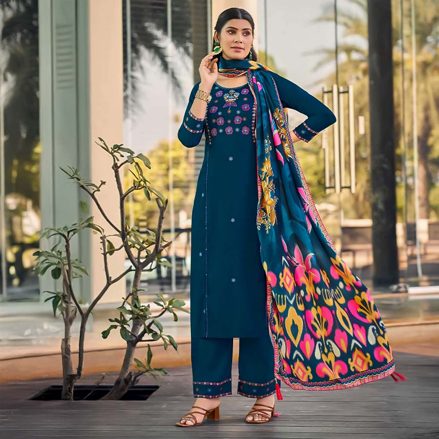 Blue Liva Rayon Casual Wear Salwar Kameez