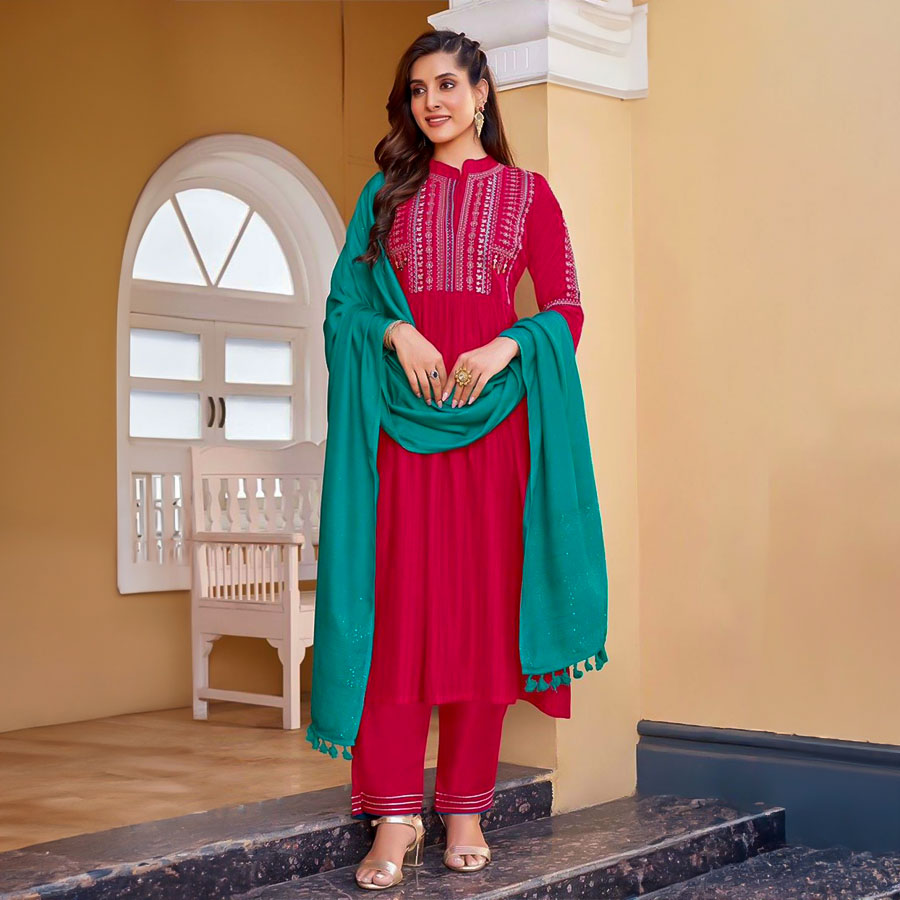Red Rayon Weaving Casual Wear Salwar Kameez
