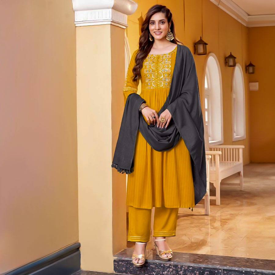 Yellow Rayon Weaving Casual Wear Salwar Kameez