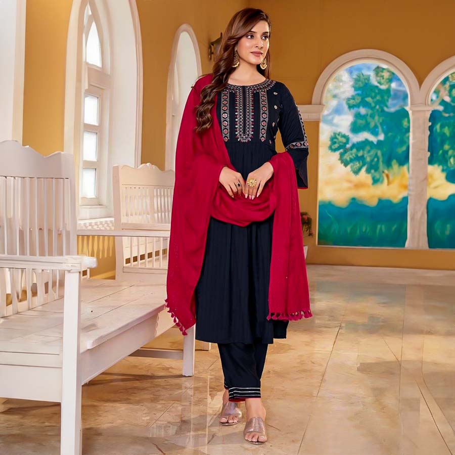 Black Rayon Weaving Casual Wear Salwar Kameez