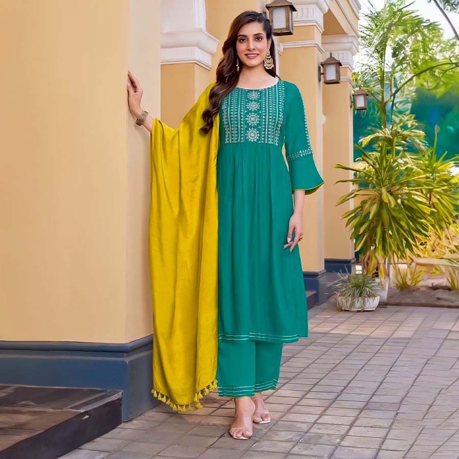 Green  Rayon Weaving Casual Wear Salwar Kameez