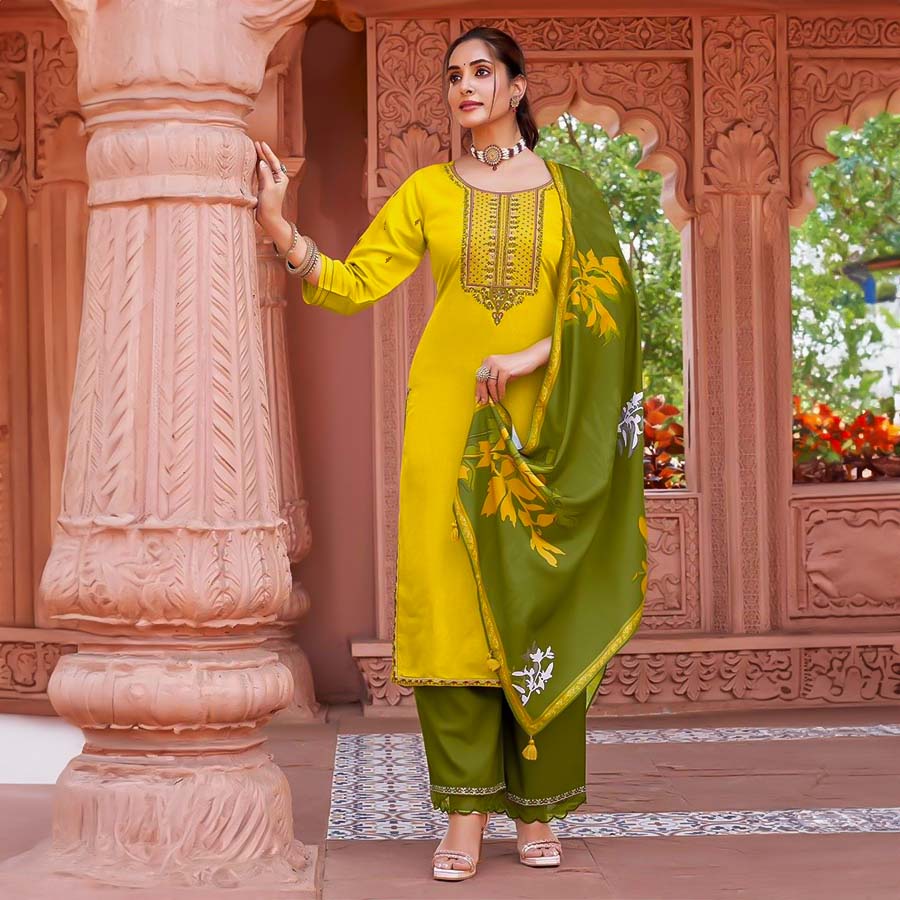 Yellow Rayon Casual Wear Salwar Kameez
