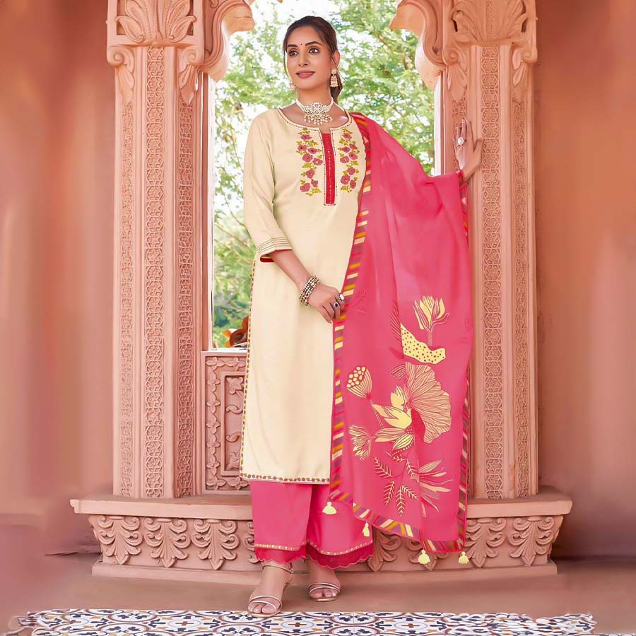 White  Rayon Casual Wear Salwar Kameez