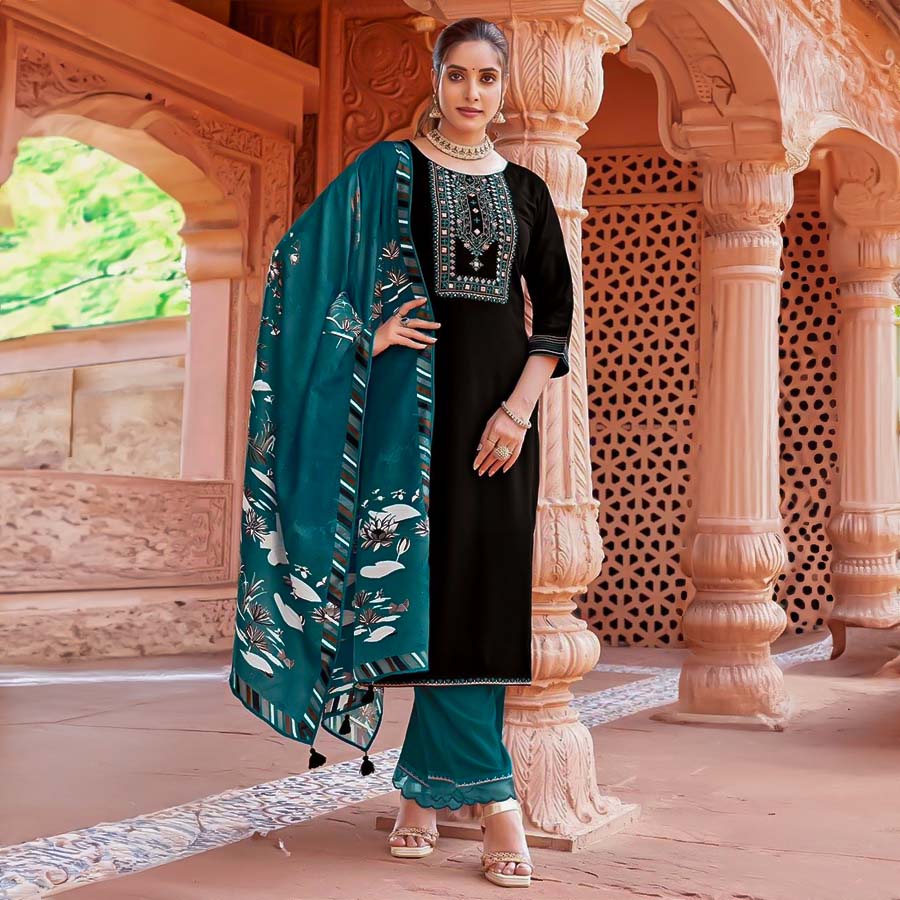 Black Rayon Casual Wear Salwar Kameez