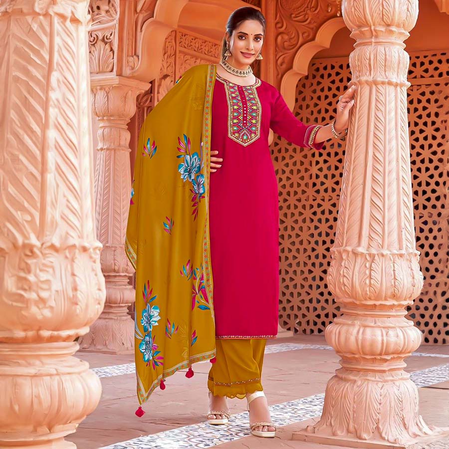 Red Rayon Casual Wear Salwar Kameez