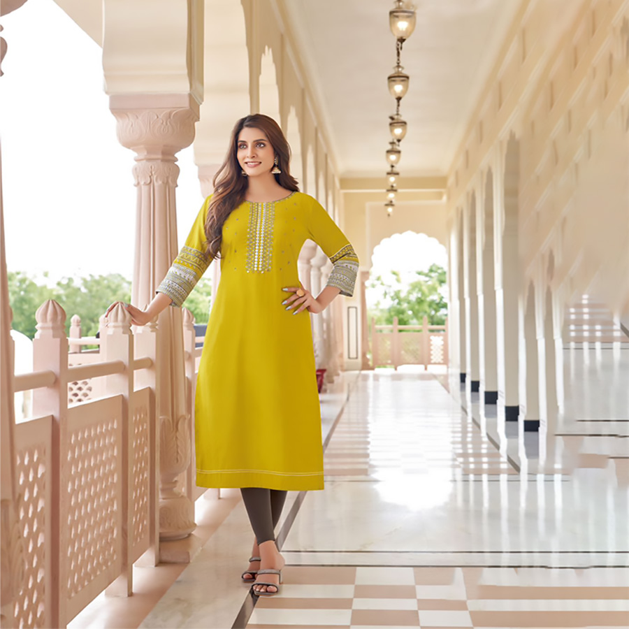 Yellow Rayon  Printed Kurtis