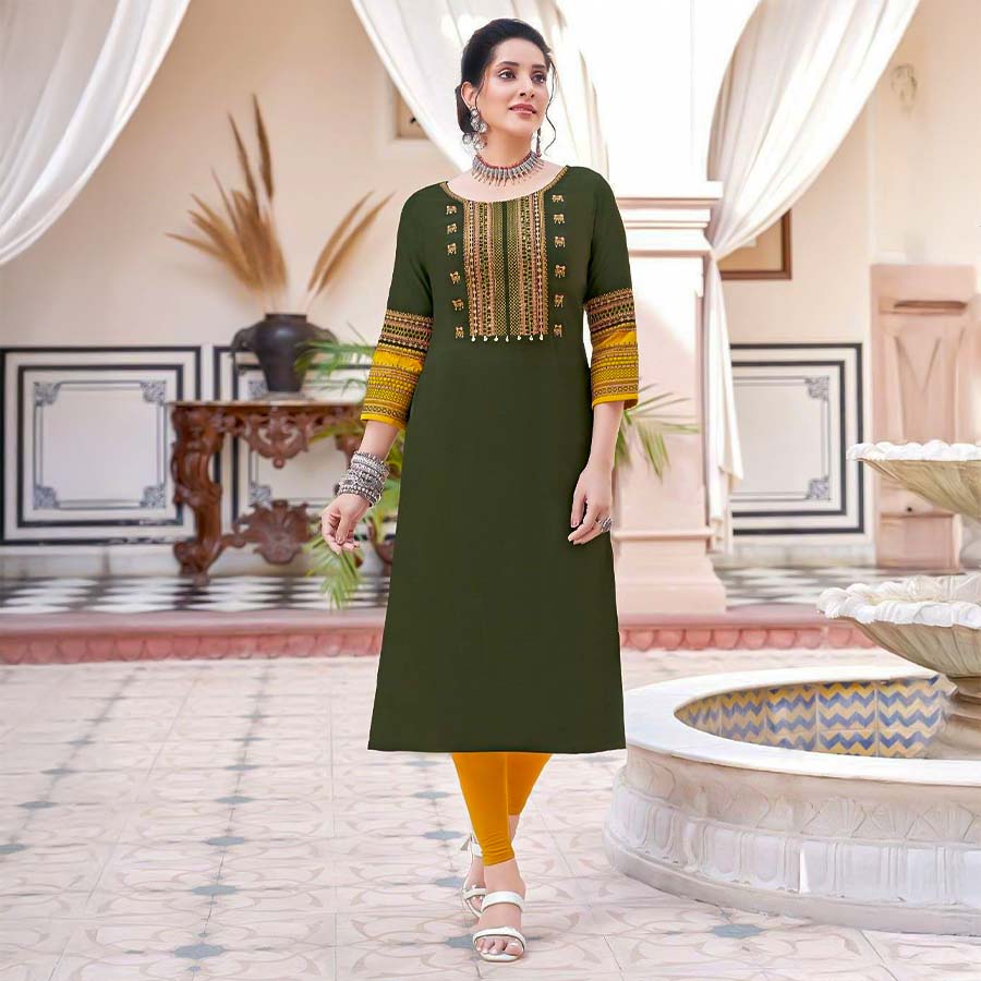 Olive Green  Rayon Casual Wear Kurti