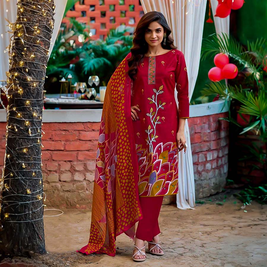 Red Cotton Printed Salwar Kameez