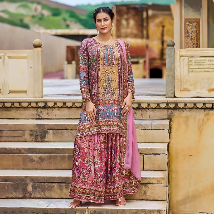 Pink Chinon  Party Wear Salwar Kameez