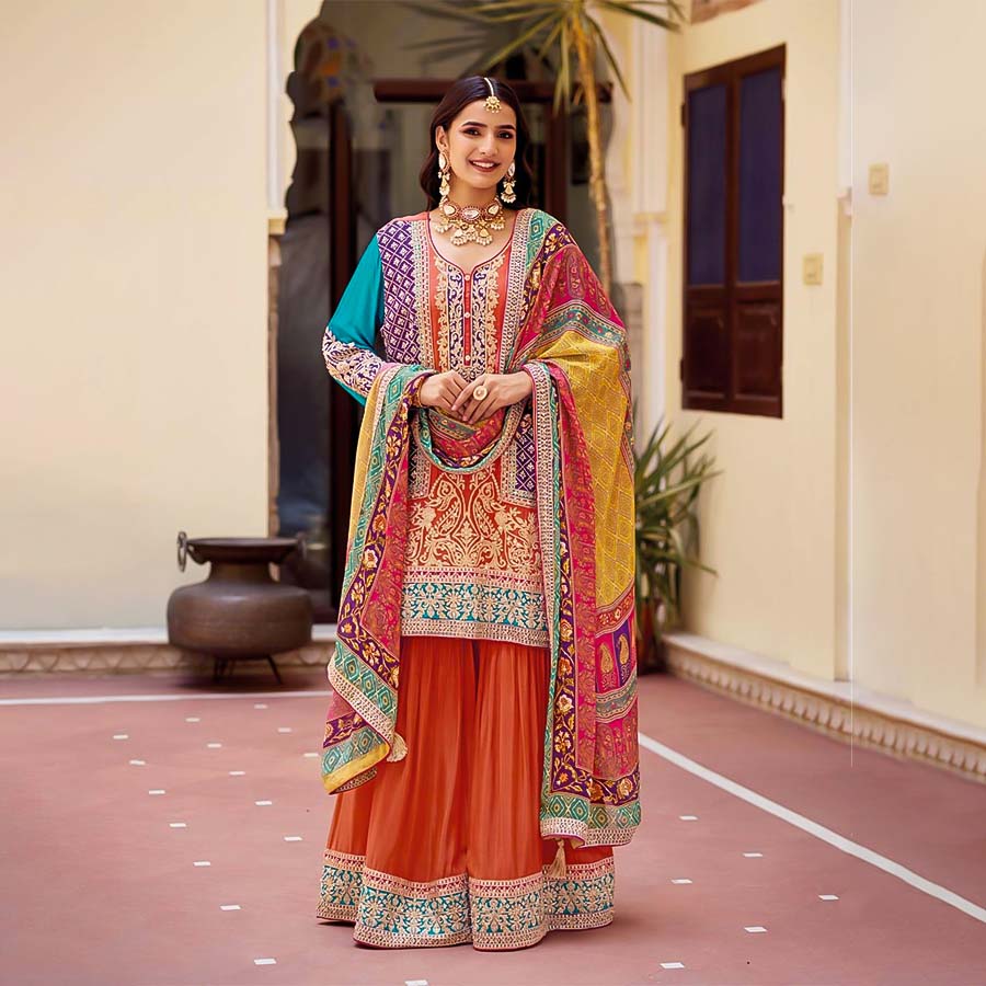 Orange Chinon  Designer Salwar Kameez