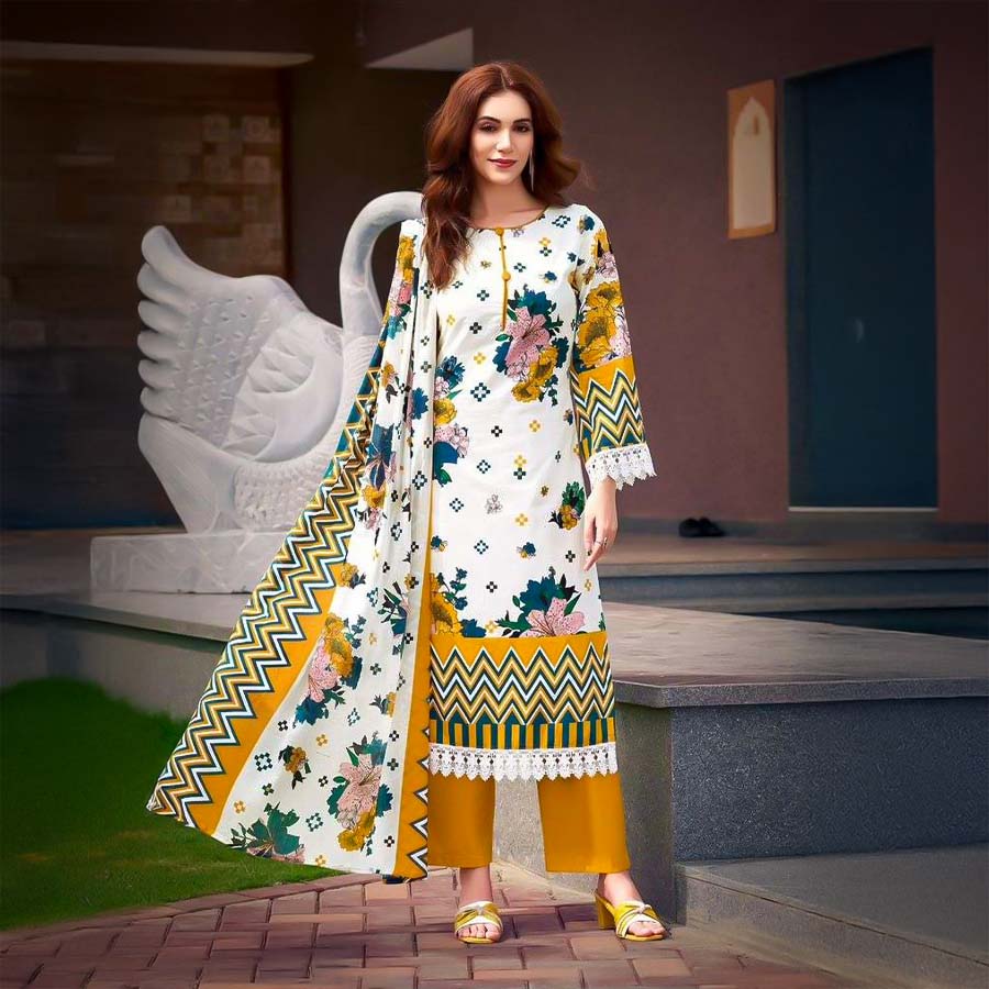 White  Cotton Printed Salwar Kameez